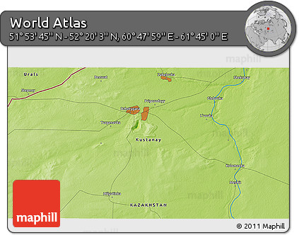 Physical 3D Map of the Area around 52° 6' 54" N, 61° 16' 29" E