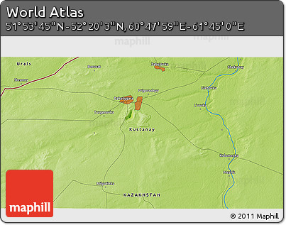 Physical 3D Map of the Area around 52° 6' 54" N, 61° 16' 29" E