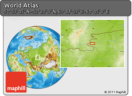 Physical Location Map of the Area around 52° 6' 54" N, 61° 16' 29" E