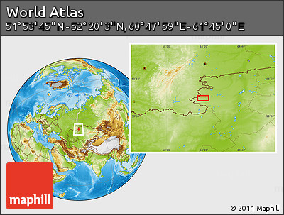 Physical Location Map of the Area around 52° 6' 54" N, 61° 16' 29" E