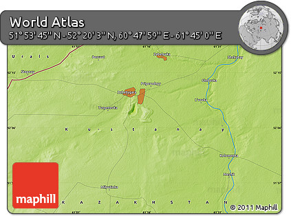 Physical Map of the Area around 52° 6' 54" N, 61° 16' 29" E
