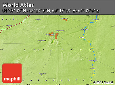 Physical Map of the Area around 52° 6' 54" N, 61° 16' 29" E