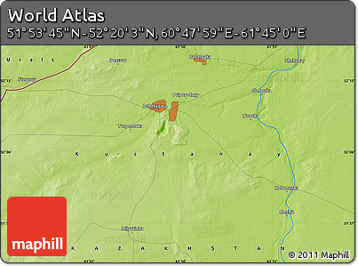 Physical Map of the Area around 52° 6' 54" N, 61° 16' 29" E
