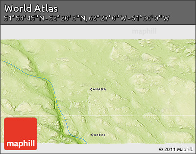 Physical 3D Map of the Area around 52° 6' 54" N, 61° 58' 30" W