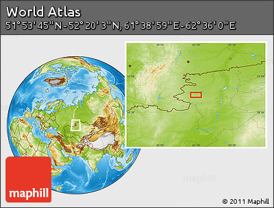 Physical Location Map of the Area around 52° 6' 54" N, 62° 7' 30" E