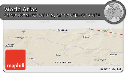 Shaded Relief Panoramic Map of the Area around 52° 6' 54" N, 64° 40' 30" E