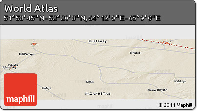 Shaded Relief Panoramic Map of the Area around 52° 6' 54" N, 64° 40' 30" E