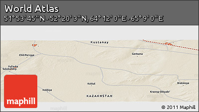 Shaded Relief Panoramic Map of the Area around 52° 6' 54" N, 64° 40' 30" E