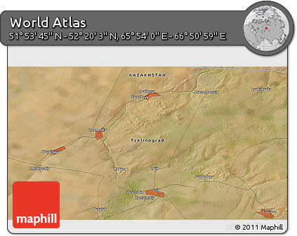 Satellite 3D Map of the Area around 52° 6' 54" N, 66° 22' 30" E
