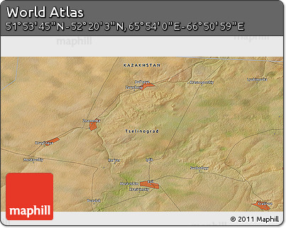 Satellite 3D Map of the Area around 52° 6' 54" N, 66° 22' 30" E