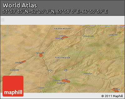 Satellite 3D Map of the Area around 52° 6' 54" N, 66° 22' 30" E