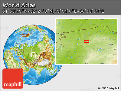 Physical Location Map of the Area around 52° 6' 54" N, 66° 22' 30" E