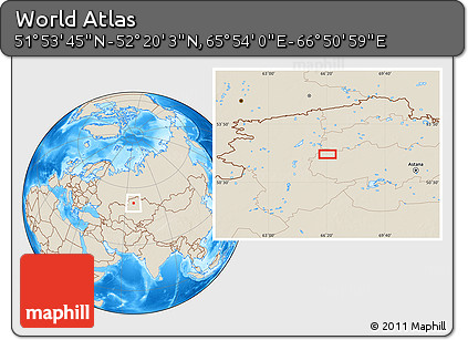 Shaded Relief Location Map of the Area around 52° 6' 54" N, 66° 22' 30" E