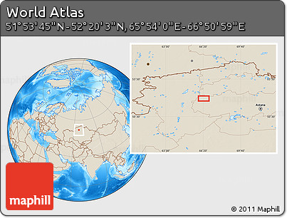 Shaded Relief Location Map of the Area around 52° 6' 54" N, 66° 22' 30" E