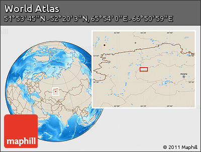 Shaded Relief Location Map of the Area around 52° 6' 54" N, 66° 22' 30" E