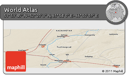 Shaded Relief Panoramic Map of the Area around 52° 6' 54" N, 66° 22' 30" E