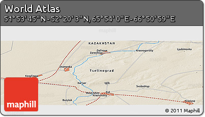 Shaded Relief Panoramic Map of the Area around 52° 6' 54" N, 66° 22' 30" E
