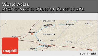 Shaded Relief Panoramic Map of the Area around 52° 6' 54" N, 66° 22' 30" E