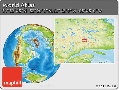 Physical Location Map of the Area around 52° 6' 54" N, 66° 13' 29" W