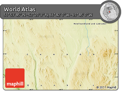 Physical Map of the Area around 52° 6' 54" N, 66° 13' 29" W