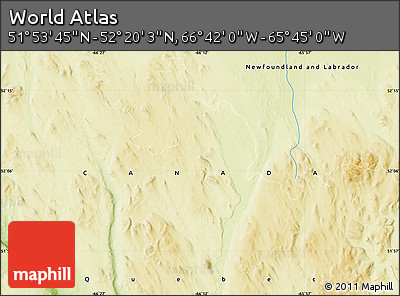 Physical Map of the Area around 52° 6' 54" N, 66° 13' 29" W