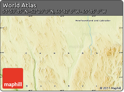 Physical Map of the Area around 52° 6' 54" N, 66° 13' 29" W