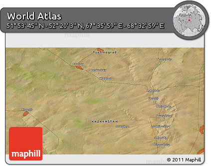 Satellite 3D Map of the Area around 52° 6' 54" N, 68° 4' 29" E