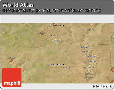 Satellite 3D Map of the Area around 52° 6' 54" N, 68° 4' 29" E