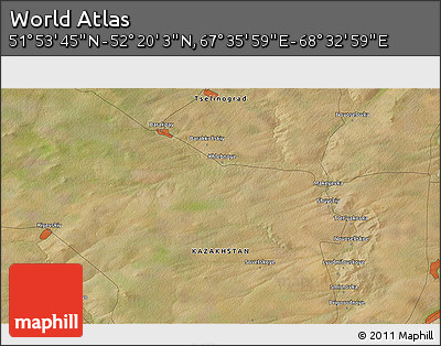 Satellite 3D Map of the Area around 52° 6' 54" N, 68° 4' 29" E