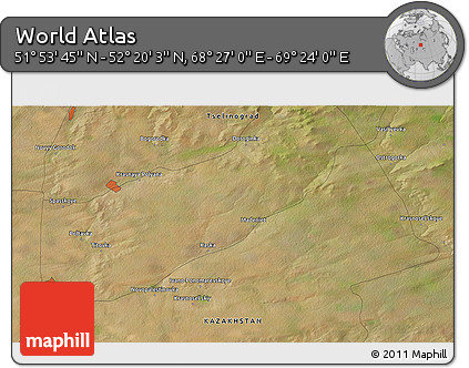 Satellite 3D Map of the Area around 52° 6' 54" N, 68° 55' 30" E