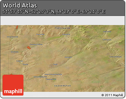 Satellite 3D Map of the Area around 52° 6' 54" N, 68° 55' 30" E