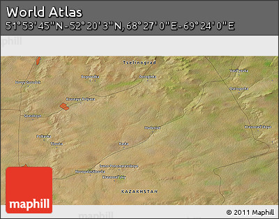 Satellite 3D Map of the Area around 52° 6' 54" N, 68° 55' 30" E