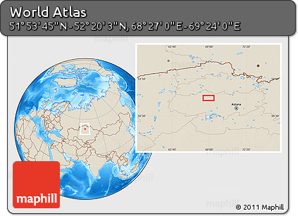 Shaded Relief Location Map of the Area around 52° 6' 54" N, 68° 55' 30" E