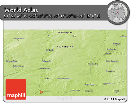 Physical 3D Map of the Area around 52° 6' 54" N, 69° 46' 30" E