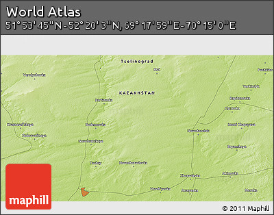 Physical 3D Map of the Area around 52° 6' 54" N, 69° 46' 30" E