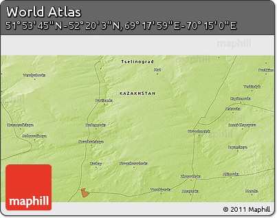Physical 3D Map of the Area around 52° 6' 54" N, 69° 46' 30" E