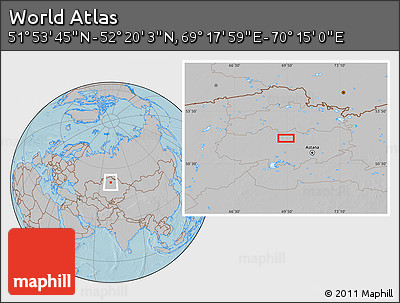 Gray Location Map of the Area around 52° 6' 54" N, 69° 46' 30" E, hill shading
