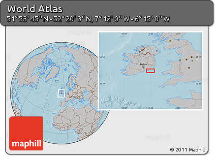 Gray Location Map of the Area around 52° 6' 54" N, 6° 43' 29" W, hill shading