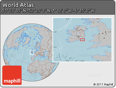 Gray Location Map of the Area around 52° 6' 54" N, 6° 43' 29" W, hill shading