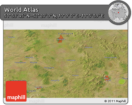 Satellite 3D Map of the Area around 52° 6' 54" N, 70° 37' 30" E