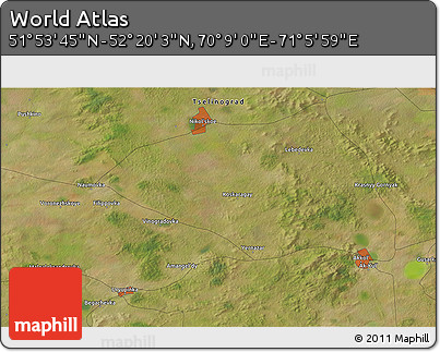 Satellite 3D Map of the Area around 52° 6' 54" N, 70° 37' 30" E