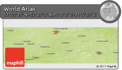 Physical Panoramic Map of the Area around 52° 6' 54" N, 70° 37' 30" E
