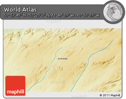 Physical 3D Map of the Area around 52° 6' 54" N, 71° 19' 29" W