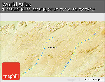 Physical 3D Map of the Area around 52° 6' 54" N, 71° 19' 29" W