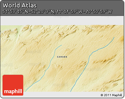 Physical 3D Map of the Area around 52° 6' 54" N, 71° 19' 29" W