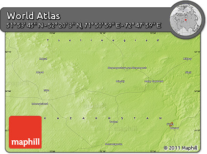 Physical Map of the Area around 52° 6' 54" N, 72° 19' 29" E