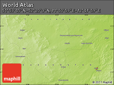 Physical Map of the Area around 52° 6' 54" N, 72° 19' 29" E