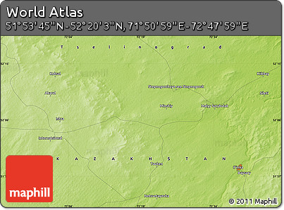 Physical Map of the Area around 52° 6' 54" N, 72° 19' 29" E