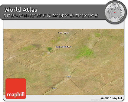 Satellite 3D Map of the Area around 52° 6' 54" N, 74° 52' 30" E