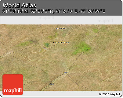 Satellite 3D Map of the Area around 52° 6' 54" N, 74° 52' 30" E